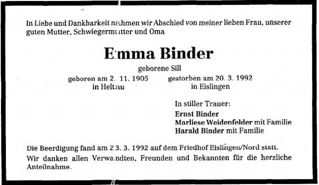 Sill Emma 1905-1992 Todesanzeige